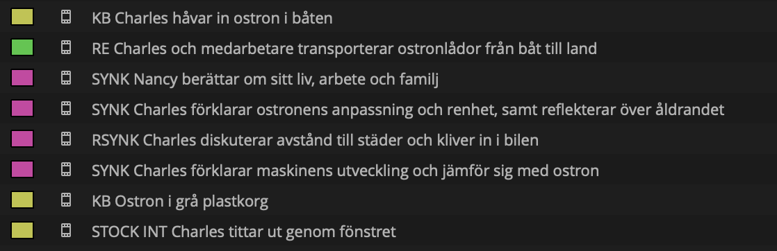 Avid-bin med klipp namngivna av Unscripter