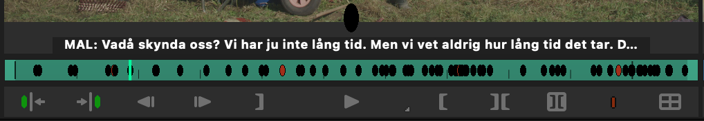Avid-monitor med Unscripters marker-lager: en marker per replik, texten visar vem som säger vad